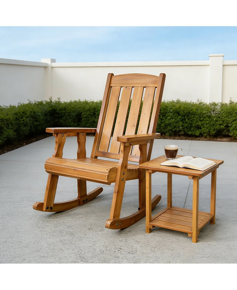 Innovaze Solid Fir Wood Outdoor Rocking Chair and Side Table Set, Heavy-Duty Patio Rocker with Comfortable Recline for Porch and Backyard