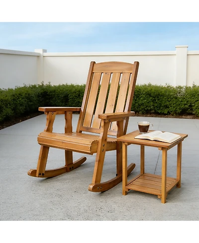 Innovaze Solid Fir Wood Outdoor Rocking Chair and Side Table Set, Heavy-Duty Patio Rocker with Comfortable Recline for Porch and Backyard