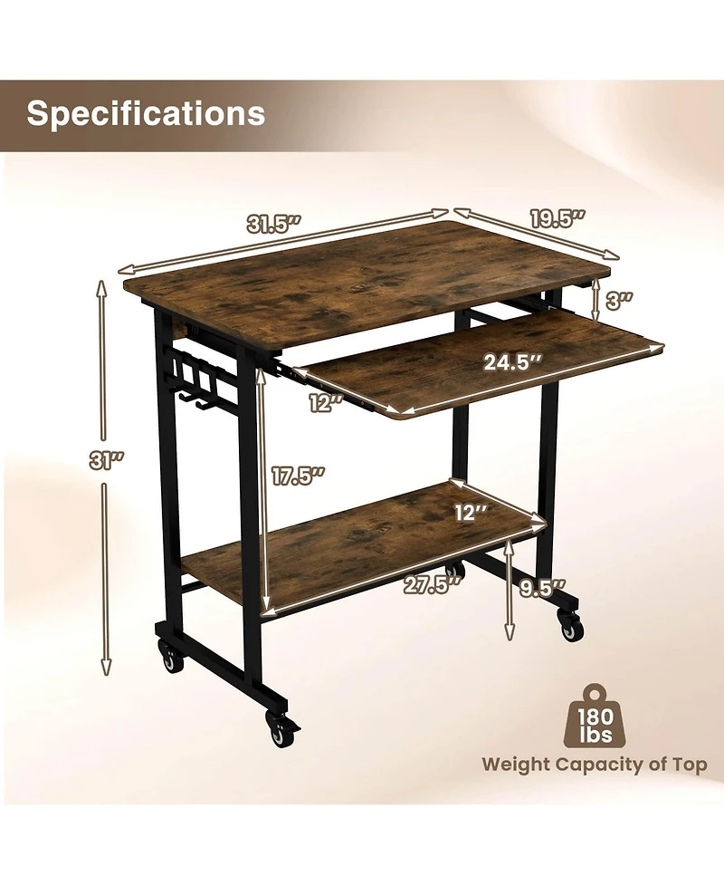 Costway Computer Desk Rolling Laptop Cart Writing Workstation with Keyboard Tray