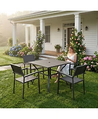 Clihome 5 Piece Outdoor Slatted Dining Set, 37.8" Square Patio Table with Umbrella Hole and 4 Metal Arm Chairs