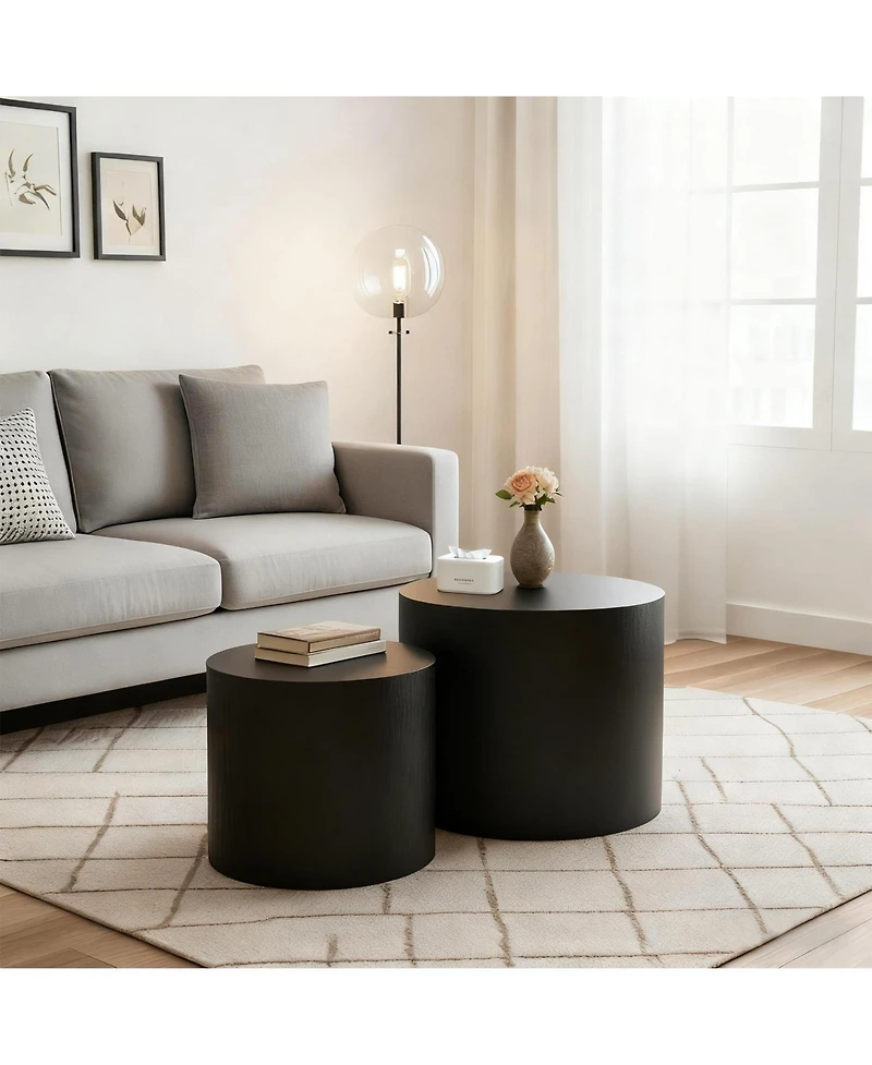 Clihome Nesting Coffee Table Set of 2, Modern Round with Non-Slip Feet, Wood Side for Living Room, Bedroom