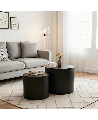 Clihome Nesting Coffee Table Set of 2, Modern Round with Non-Slip Feet, Wood Side for Living Room, Bedroom