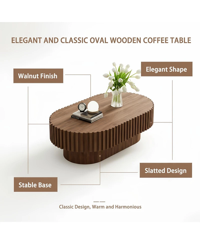 Clihome Oval Coffee Table,Mid Century Modern Fluted Table with Pedestal, Classic Wood