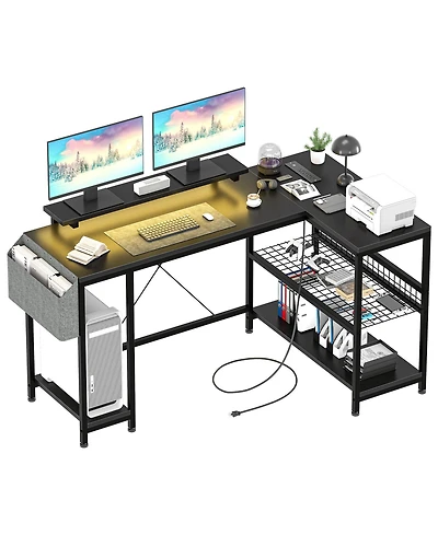 homfan 49" L Shaped Computer Desk with Power Outlet and Led Lights,Reversible Corner Writing Table,Storage Shelves, Monitor Stand