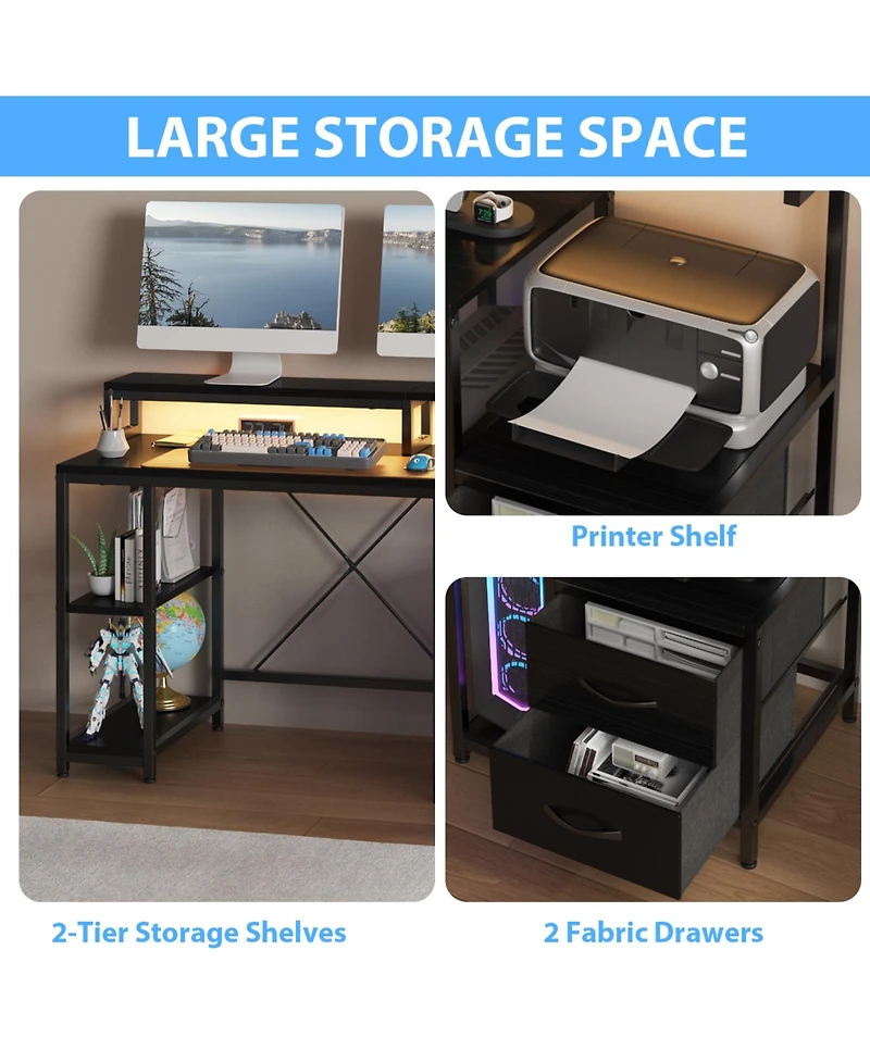homfan Computer Gaming Desk with File Drawers, 63'' Home Office Power Outlets and Led Light, Printer Space, Monitor Stand, Storage