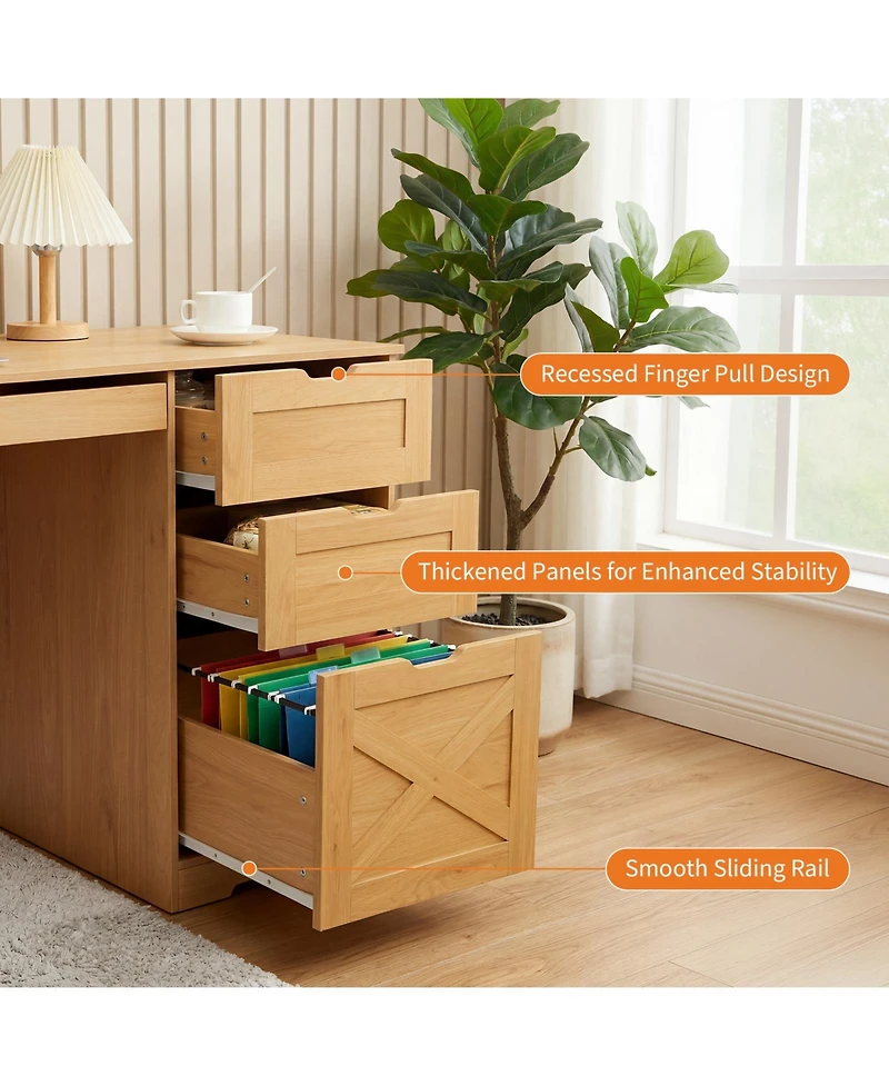 homfan 59" Farmhouse Office Desk with 4 Drawers, Charging Station and Keyboard Tray, Wood-Look