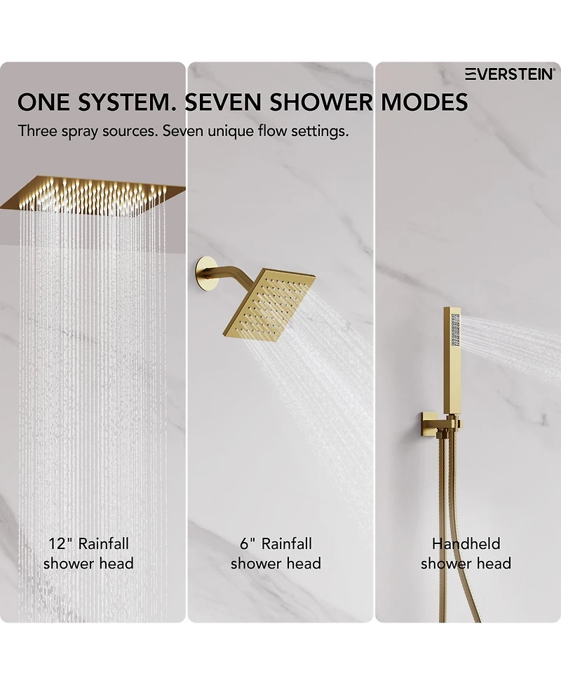 Everstein Thermostatic Dual Showerheads System Ceiling Mount 12" Led Rainfall Shower Faucet with 6" Head Handheld Spray