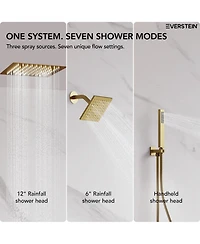 Everstein Thermostatic Dual Showerheads System Ceiling Mount 12" Led Rainfall Shower Faucet with 6" Head Handheld Spray