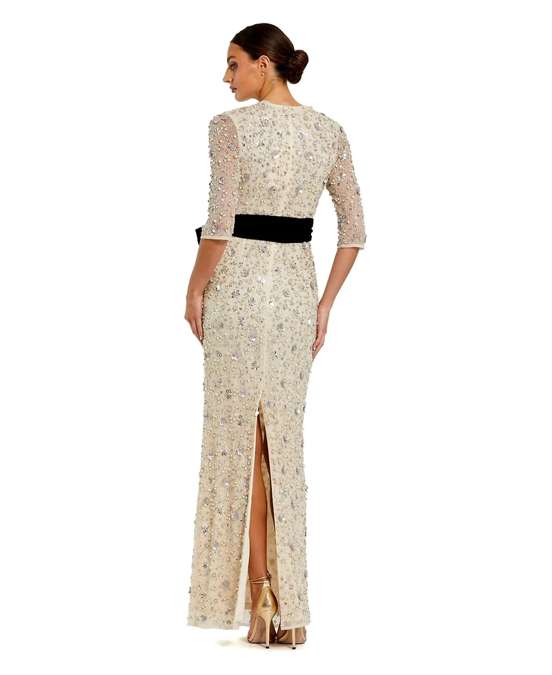 Mac Duggal Women's Embellished Mesh Column Gown with Velvet Bow
