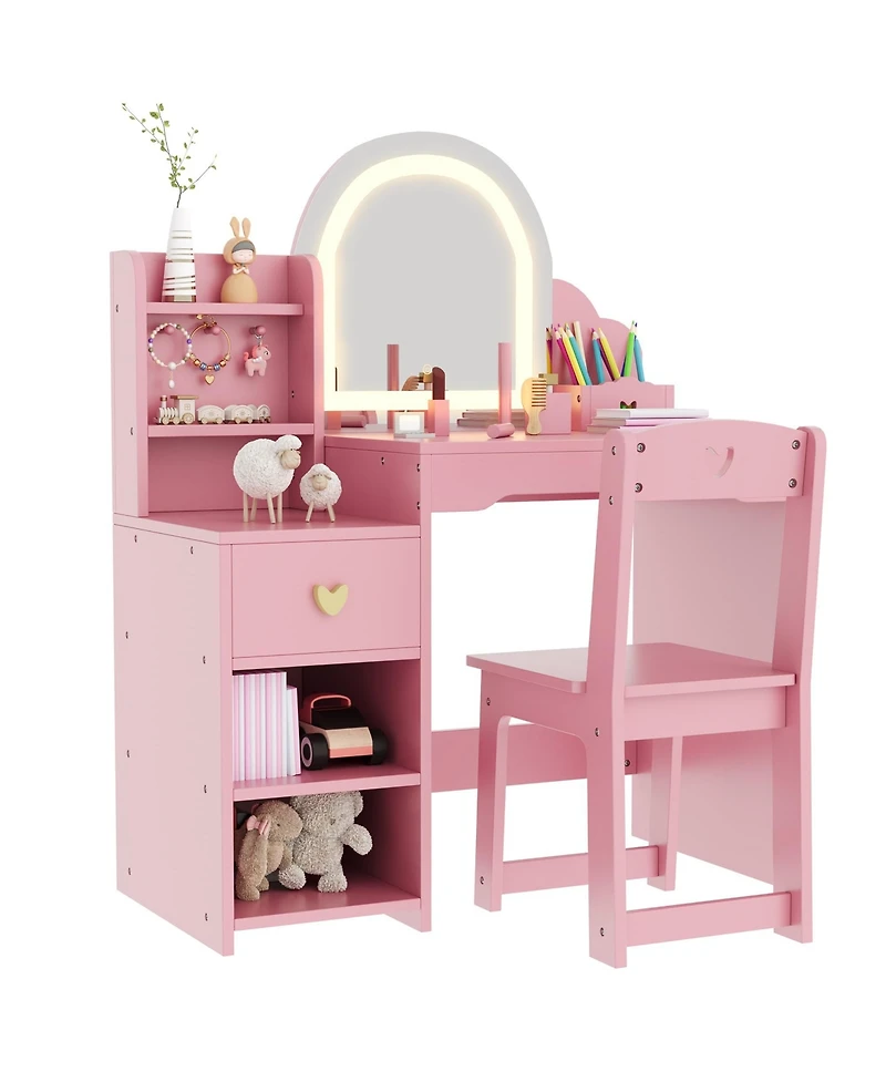 gaomon Kids Vanity Table and Chair Set, Set with Open Shelves, Hook, Drawer, Double Layered Cabinet, Pen Holder