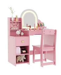 gaomon Kids Vanity Table and Chair Set, Set with Open Shelves, Hook, Drawer, Double Layered Cabinet, Pen Holder