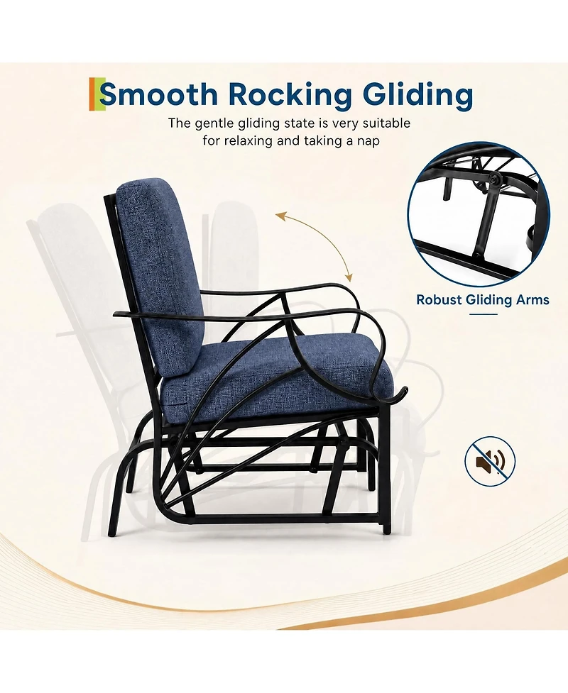 homfan Porch Glider with Removable Cushion, Outdoor Rocking Chair Heavy-Duty Metal Frame, Curved Armrests for Patio