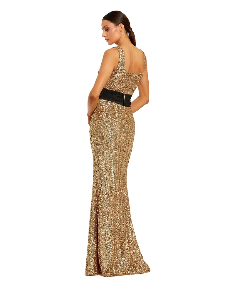 Mac Duggal Women's Sequin Column Gown with Scoop Neck and Faille Bow
