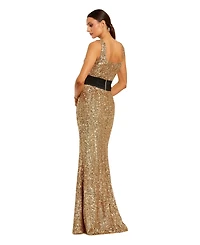 Mac Duggal Women's Sequin Column Gown with Scoop Neck and Faille Bow