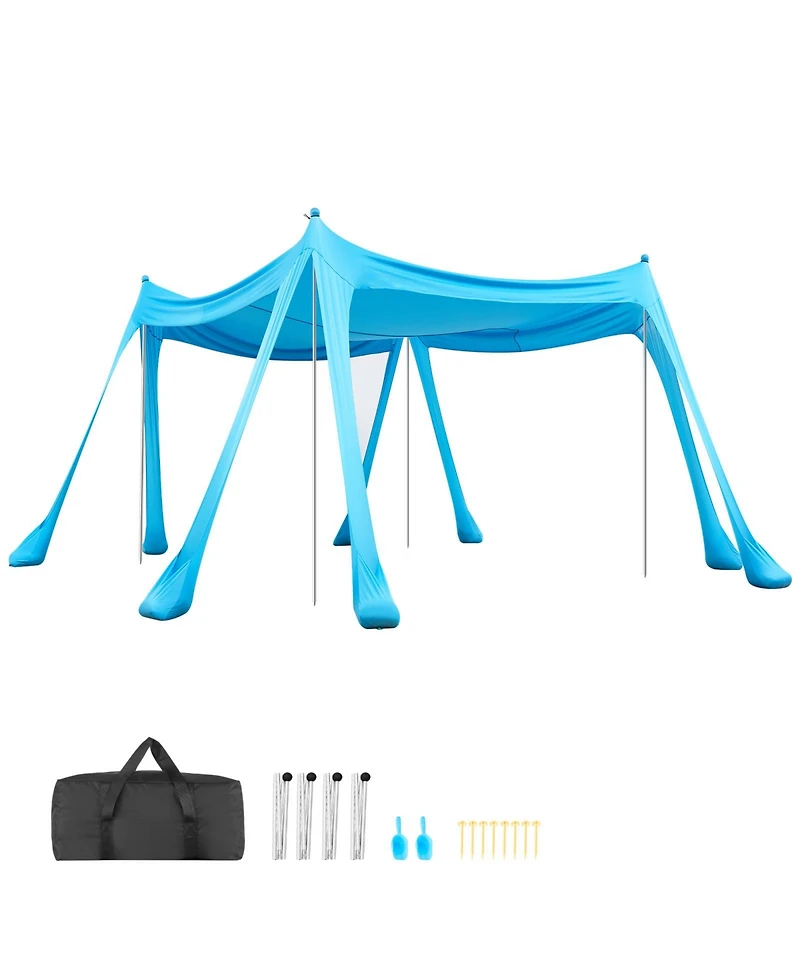 Hongge Family Beach Sun Shelter 10 x 10 feet Lycra Canopy 6.6 feet Tall with Sandbags Stability Poles and Shovels