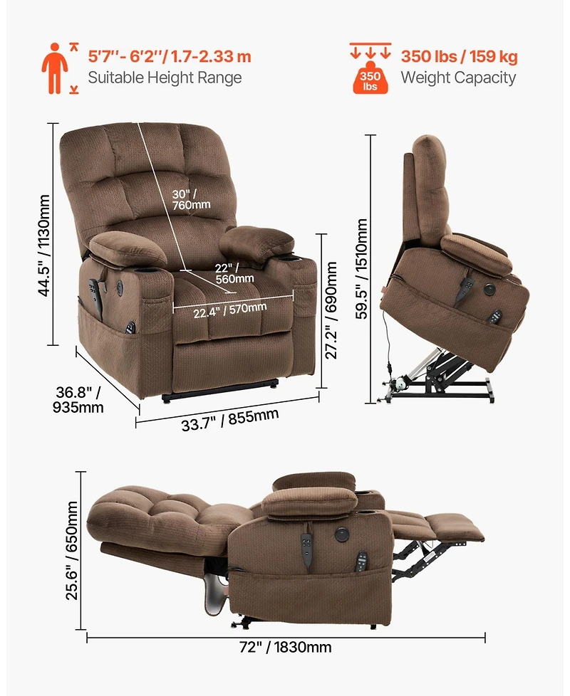 Sugift Dual Motor Power Lift Recliner Chair with Heat Massage 2 Cup Holders Usb Port Infinite Position