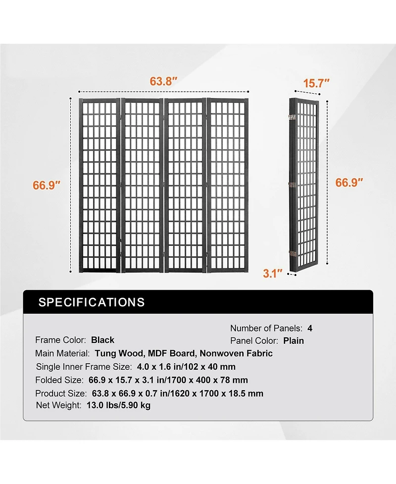 Slickblue Wood Folding Privacy Room Divider Screen 4 Panel Partition for Indoor Home Office Decor