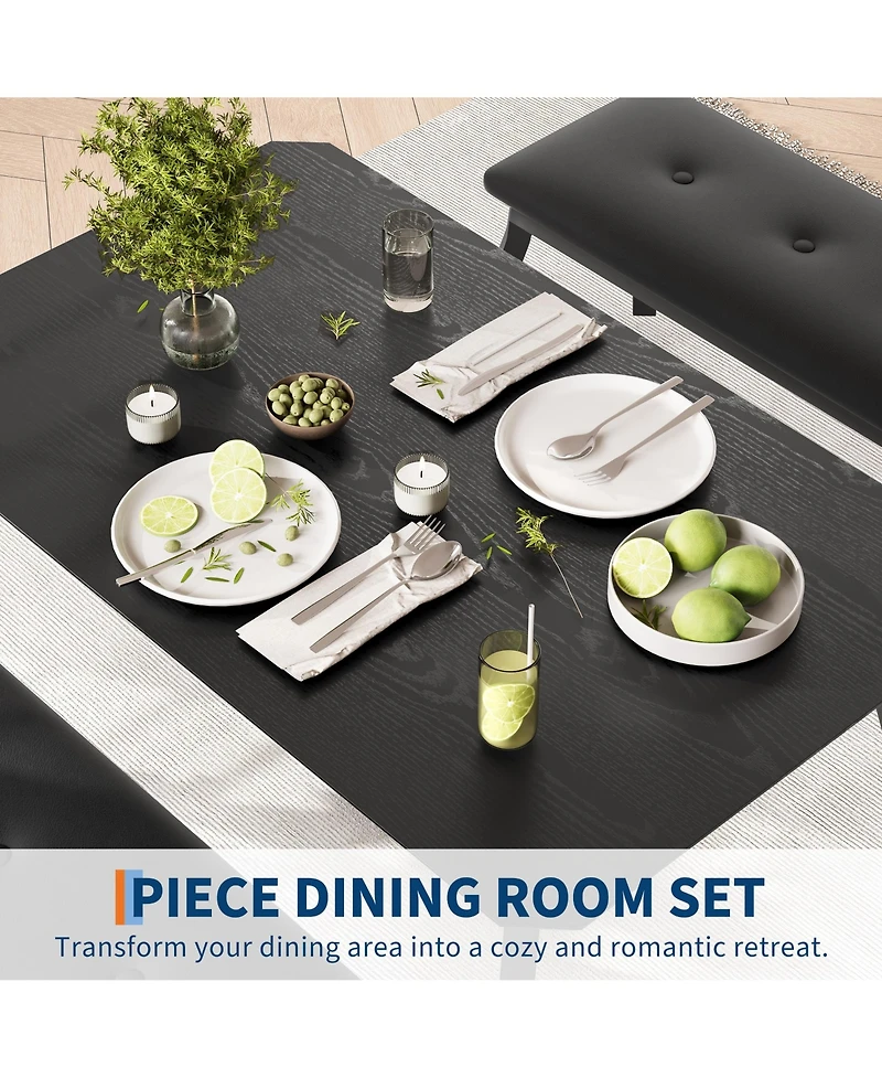homfan 3-Piece Dining Set for 4, Cut-Angle Tabletop Metal Frame, 2 Soft Pu Padded Benches, Industrial Kitchen Dinette