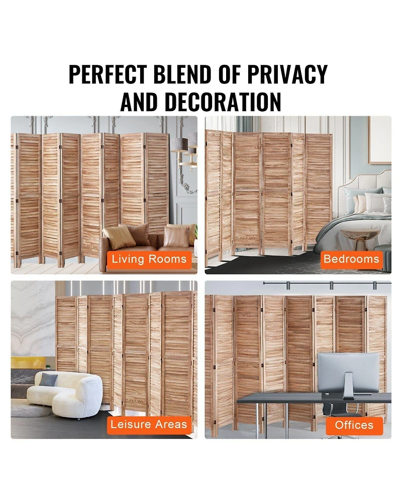 Slickblue 8 Panel Folding Wood Privacy Screen, Tall Louvered Room Divider for Bedroom Living Office