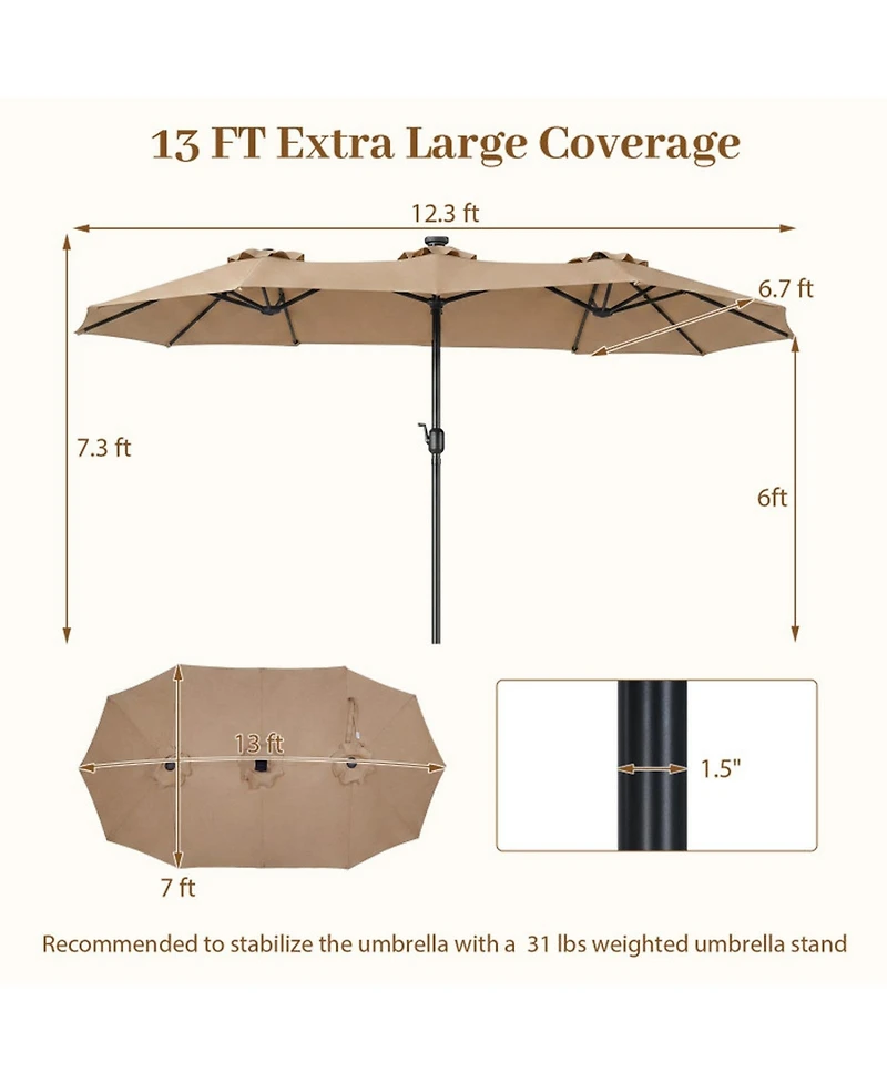Sugift 13 Feet Double-Sided Rectangle Patio Umbrella with 36 Led Lights