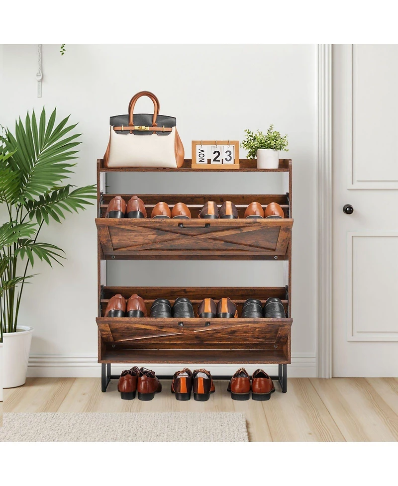 Slickblue Farmhouse Shoe Cabinet with 2 Flip Drawers, Freestanding Shoe Storage Organizer for Entryway