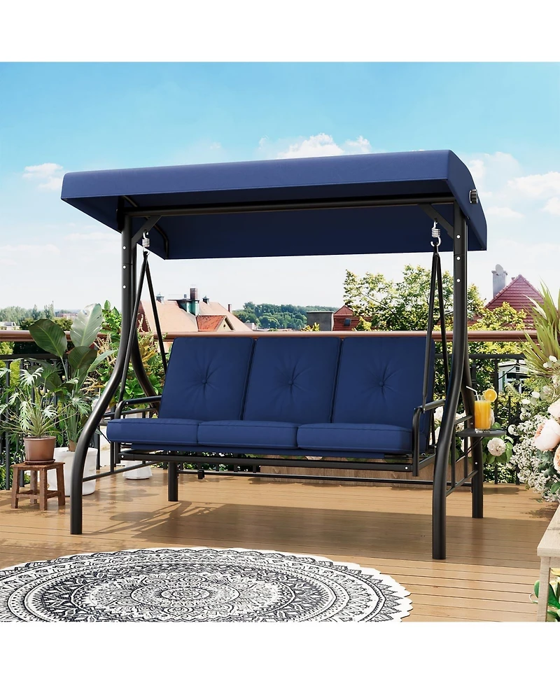 gaomon 3 Seat Outdoor Porch Swing Chair with Adjustable Canopy Convertible Swing Bed with Soft Cushions and Cup Holders