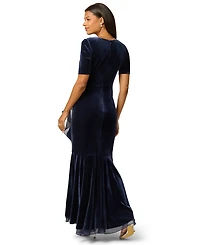 Adrianna Papell Women's V-Neck Velvet Cascade Gown
