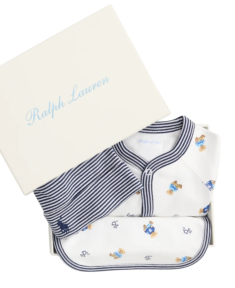 Polo Ralph Lauren Baby Boys 3-Piece Bear Motif Coverall, Bib and Beanie Gift Set
