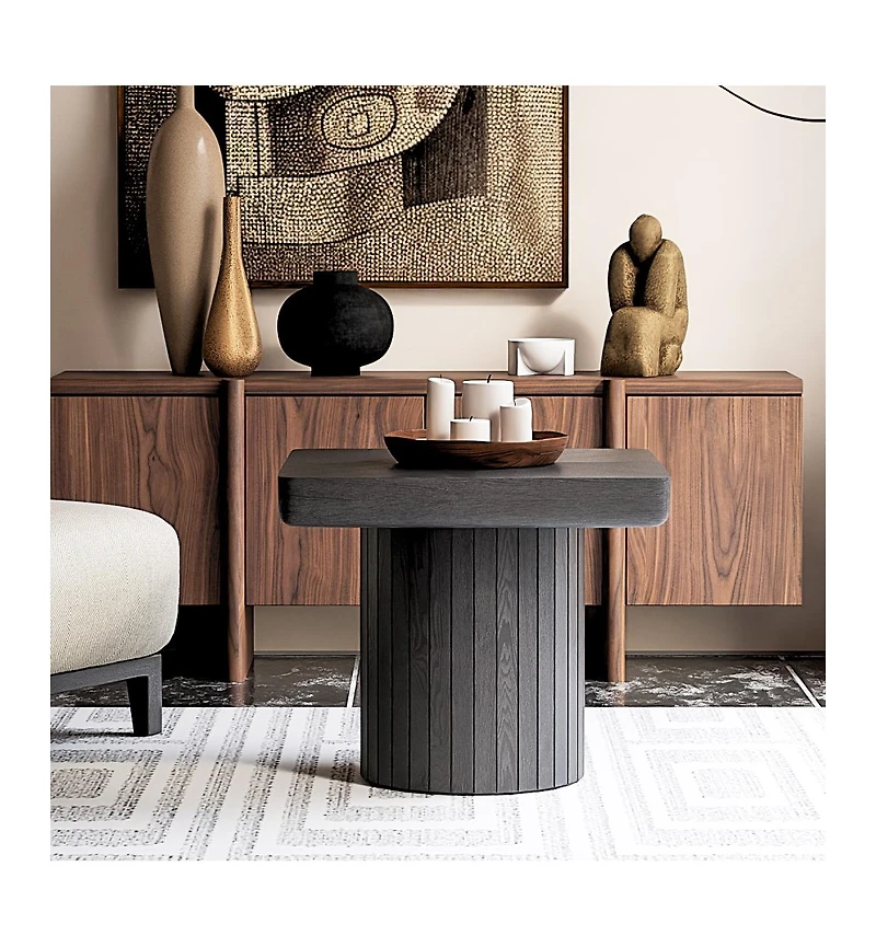 flynama 23.6" Modern Square End Table, Solid Wood Veneer Parquet Top with Grooved Cylindrical Base