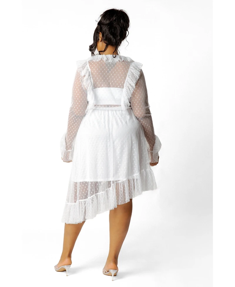 Buxom Couture Plus Asymmetrical Polka Dot Mesh Ruffle Dress