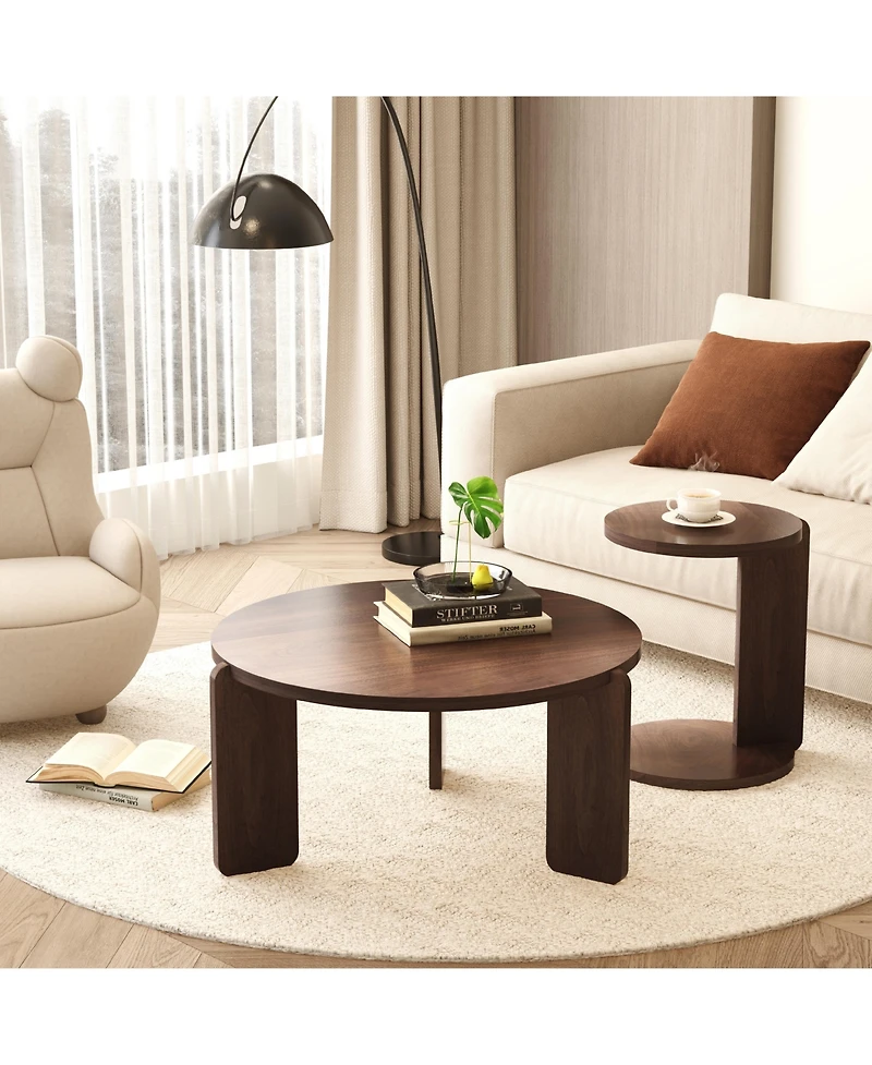 Flynama Set of 2 Walnut Veneer Nesting Round Coffee Tables, Water Resistant Pu Paint Mdf Side Table
