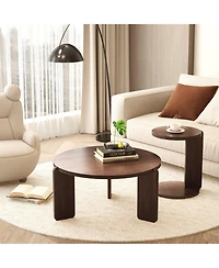 Flynama Set of 2 Walnut Veneer Nesting Round Coffee Tables, Water Resistant Pu Paint Mdf Side Table