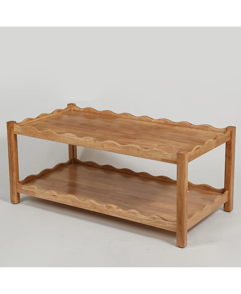 Flynama 2-Tier Rectangular Coffee Table Rubberwood Storage Shelf Modern Living Room Table