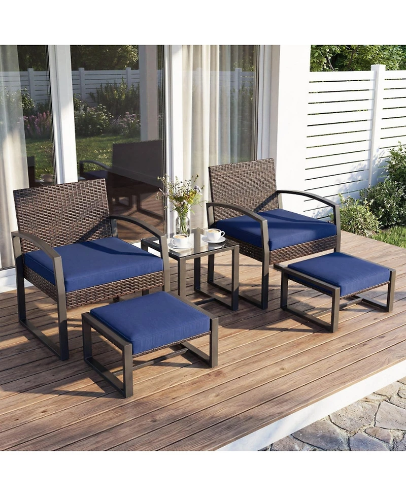 Gouun Patio Conversation Set with 2 Ottomans and Tempered Glass Table