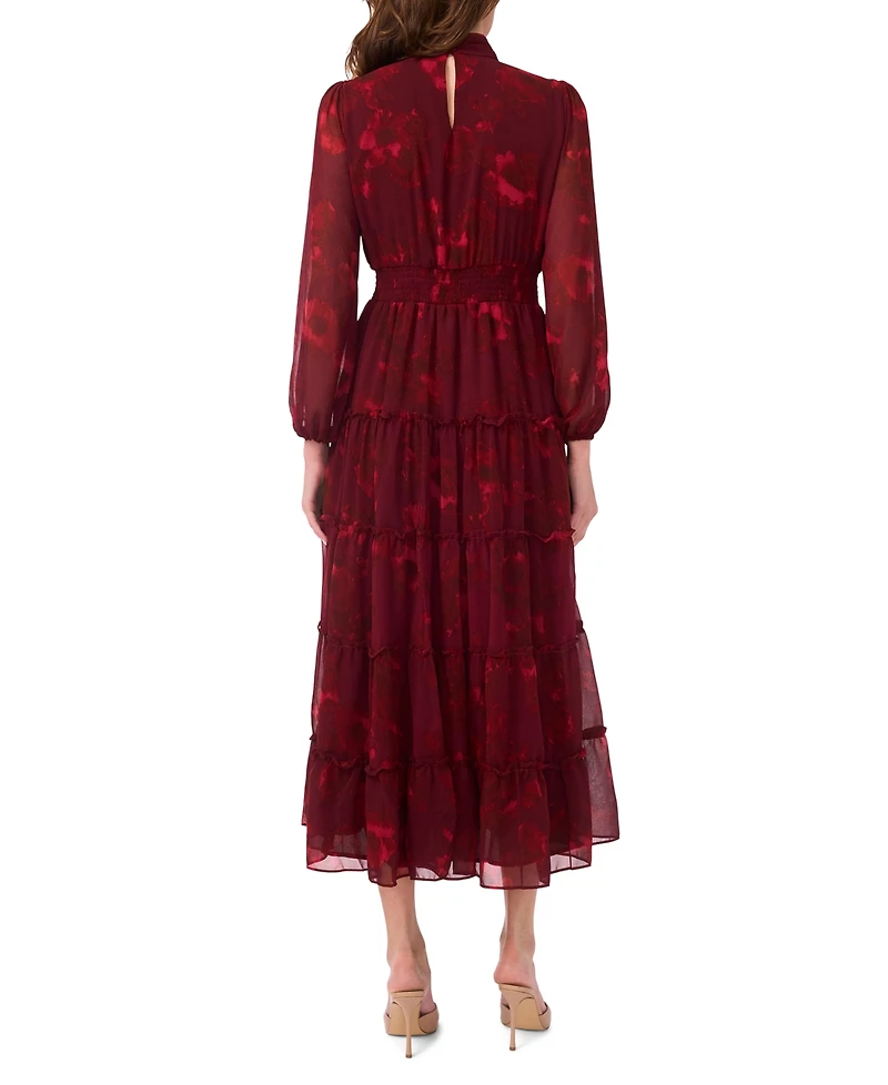 Msk Petite Long-Sleeve Floral-Print Keyhole Dress