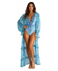 La Moda Clothing Women's Plunging V-Neck Long-Sleeve Floral-Print One-Piece Swimsuit and Cover-Up Set