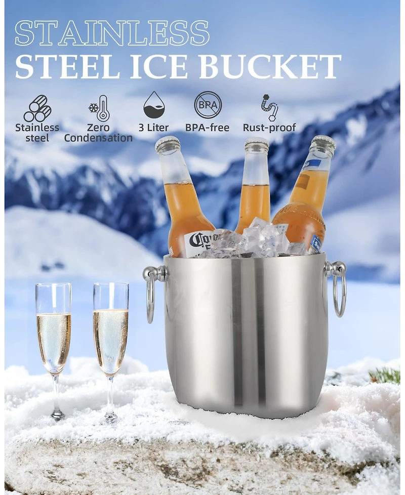 Piscifun 3L Double Wall Stainless Steel Insulated Ice Bucket With Lid Scoop Tongs Strainer For Parties Bars