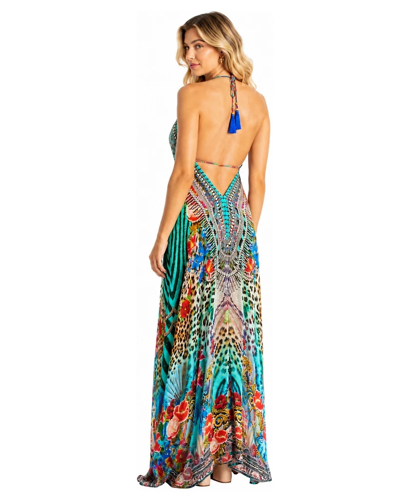 La Moda Clothing Women's Plunge Halter High-Low Maxi Dress