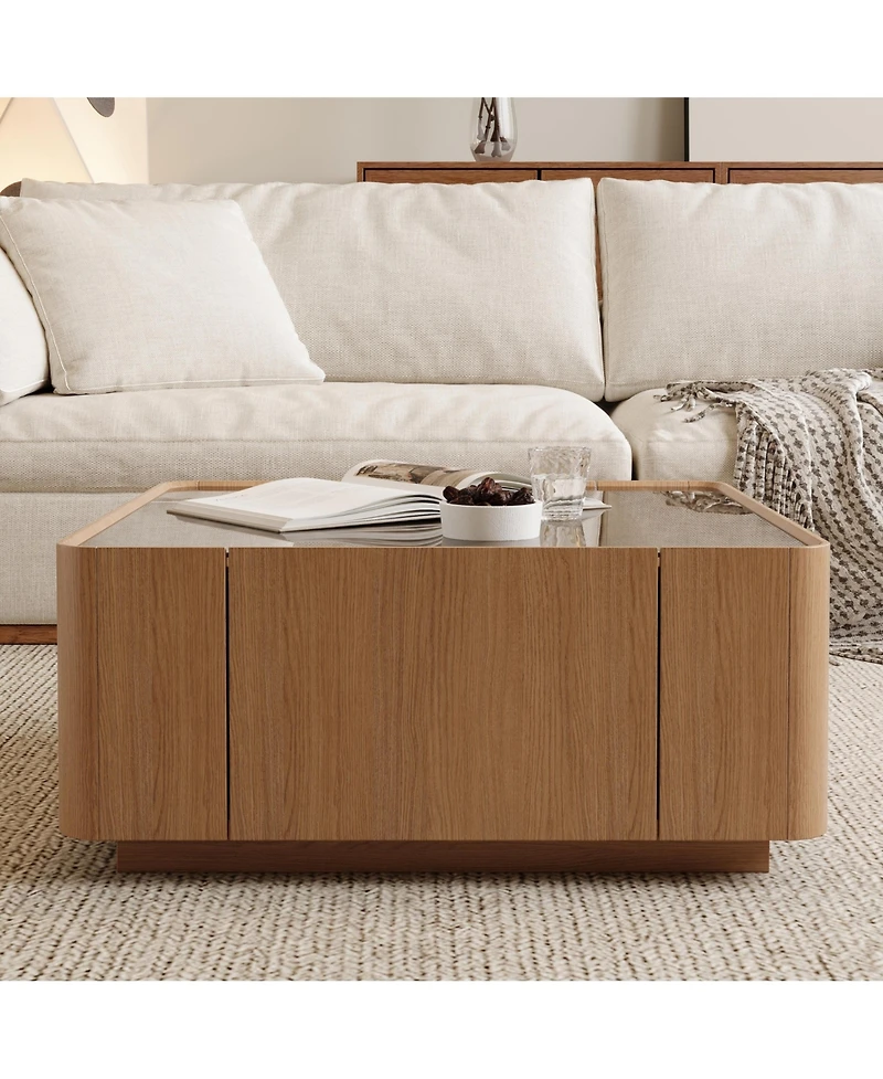 Flynama Square Glass Coffee Table Walnut Frame Storage Drawers Modern Living Room Table