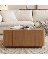 Flynama Square Glass Coffee Table Walnut Frame Storage Drawers Modern Living Room Table