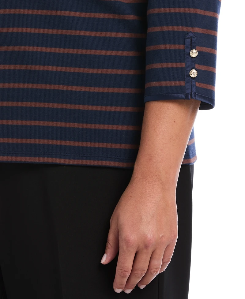 Rafaella Plus Striped Boat Neck 3/4-Sleeve T-Shirt