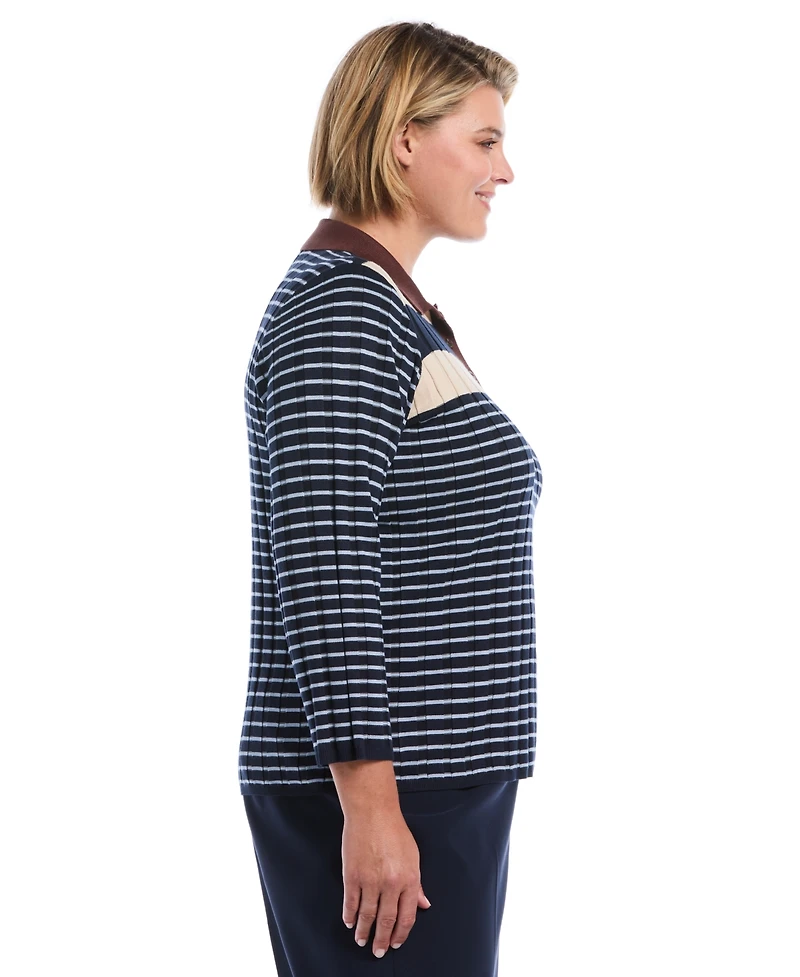 Rafaella Plus Striped Polo 3/4 Sleeve Sweater