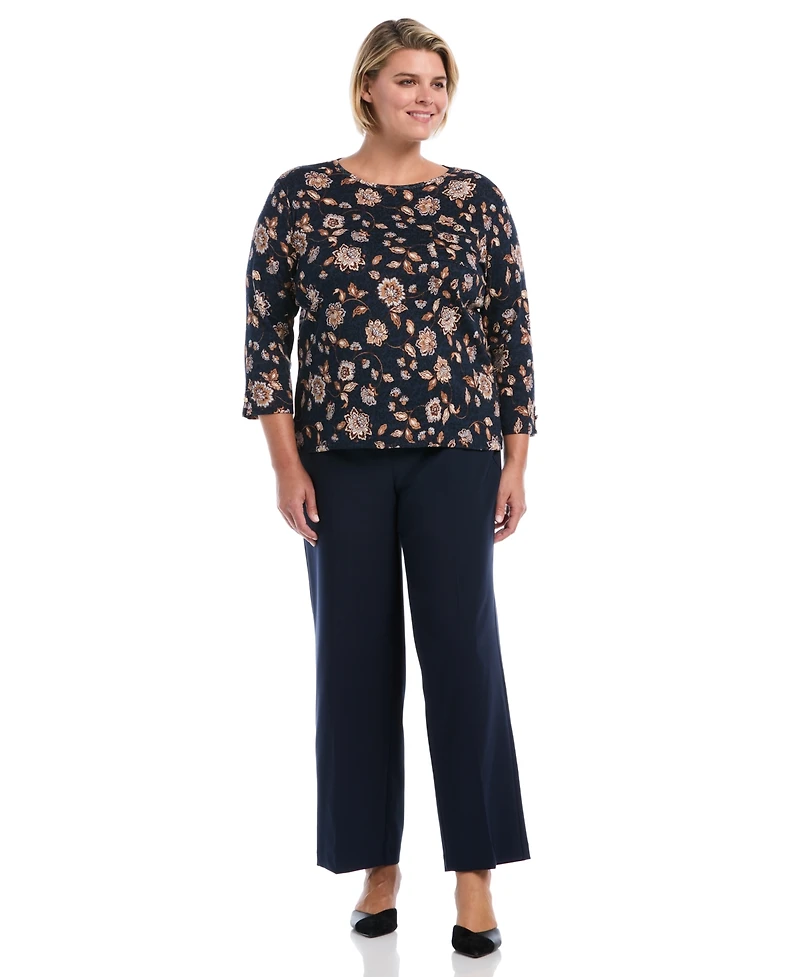 Rafaella Plus Floral-Print 3/4-Sleeve Cotton Blouse