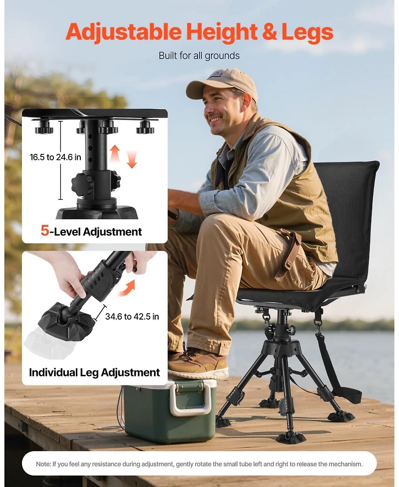 Sugift 360degree(s) Silent Swivel Foldable Hunting Chair Height Adjustable Steel Frame 350 Lbs Capacity
