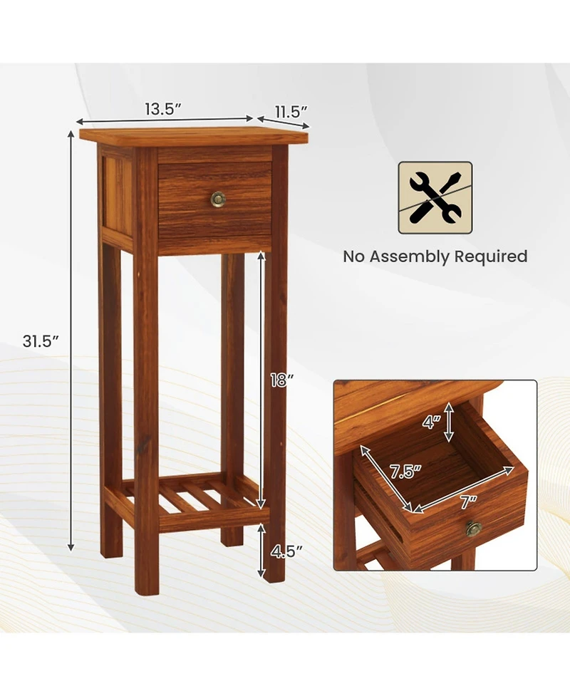 Gouun Slim 2-Tier Acacia Wood Nightstand Bedside Table with Drawer and Shelf
