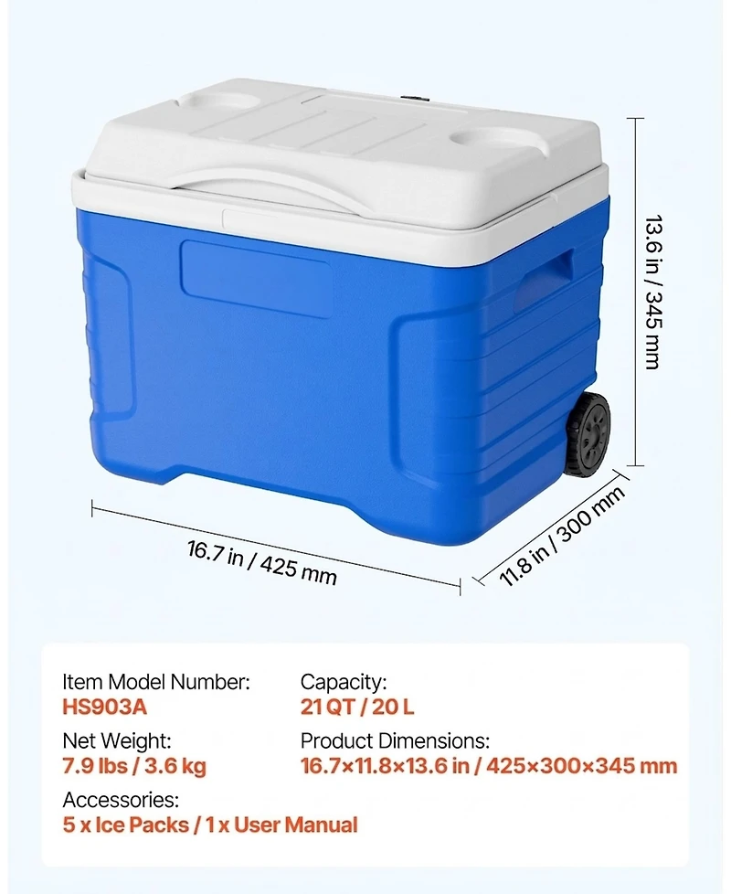 Sugift 21QT Portable Rolling Hard Cooler with Wheels Leak-Resistant 48 Hour Ice Retention for Camping