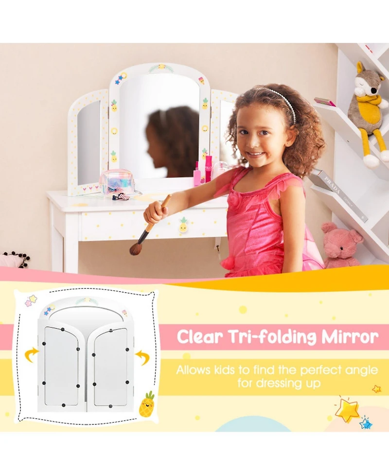 Gouun Kids Vanity Table Set with Tri-Folding Mirror and Pull-Out Drawer