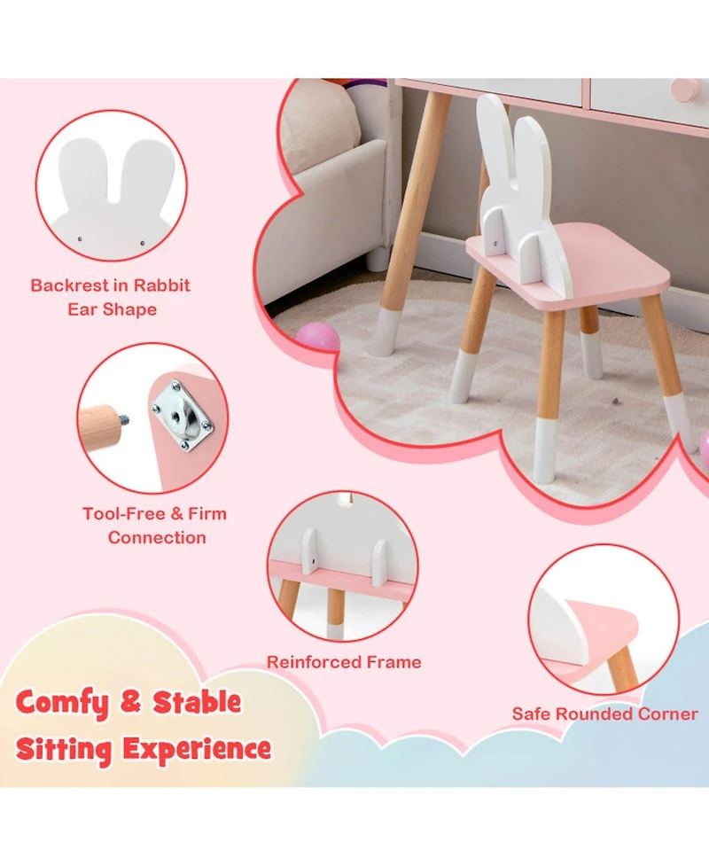 Gouun Kids Vanity Table and Chair Set with Drawer Shelf and Detachable Rabbit Mirror