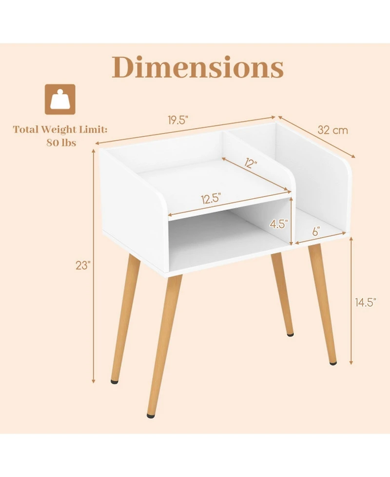 Gouun Mid Century Modern Nightstand with Open Shelves and Anti-Falling Edges