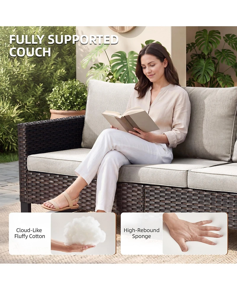 Pocassy Outdoor Patio Sofa, 3-Seat Wicker Couch with Thick Cushions, Deep Seating Furniture